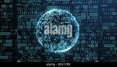 Rotating wireframe globe glowing with nodes and lines in virtual cyberspace, streaming binary code Stock Photo
