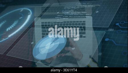 Typing developer in light sweater holding radar hologram above laptop at desk, with HUD and code Stock Photo