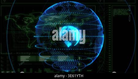 Displaying holographic globe with inner core and orbital rings on dashboard, showing HUD readouts Stock Photo