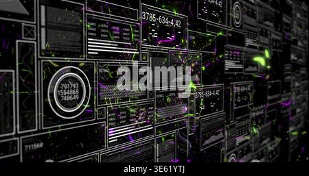 Displaying dense grid of data panels and widgets receding on 3D data wall, with neon particles Stock Photo