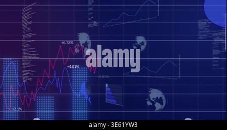 Displaying financial dashboard showing red and blue line graphs with percentages on terminal Stock Photo