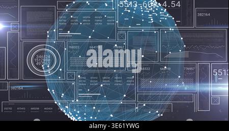 Displaying transparent blue spherical network on virtual dashboard, with data panels and target Stock Photo