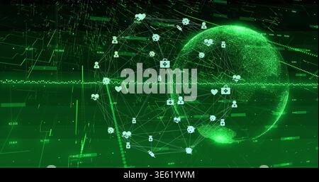 Displaying particle globe and digital network pulsing on virtual grid, with human icons and wave Stock Photo
