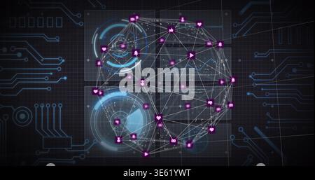 Displaying central spherical network graph pulsing over dark grid, showing icon markers and HUD Stock Photo