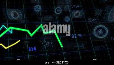 Displaying neon green zigzag graph fluctuating on HUD with blue grid, yellow line, 316, 82% Stock Photo