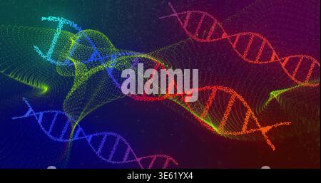 Displaying multicolored DNA helix moving diagonally in digital 3D space, with particle ribbons Stock Photo