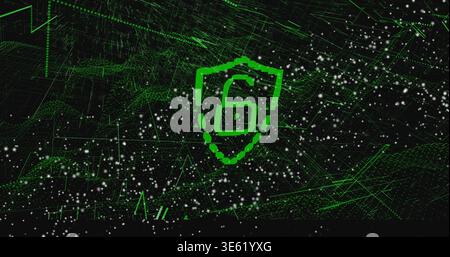 Glowing shield-shaped emblem displaying numeral 6 in virtual cyberspace, with neon wireframe grids Stock Photo