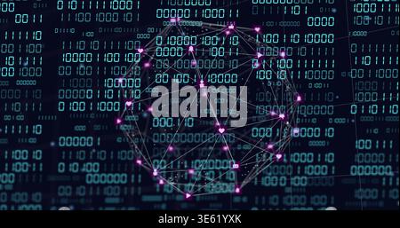 Displaying wireframe globe rotating in tech UI, showing magenta glowing nodes, neon icons, binary Stock Photo