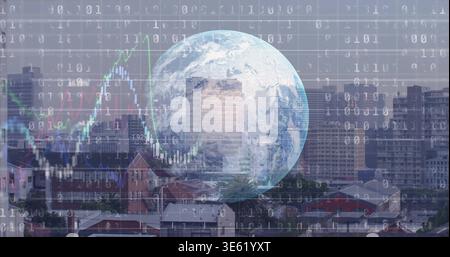 Displaying faint Earth globe blending with towers over roofs, showing binary code, grid, charts Stock Photo