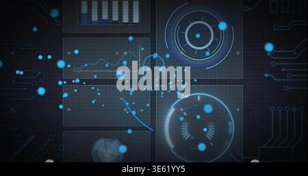 Displaying HUD cluster showing radial gauges, line and bar charts on dark grid, with blue nodes Stock Photo