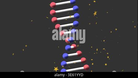 Spiraling stylized double-helix model in 3D graphic with red blue nodes white rods gold stars Stock Photo