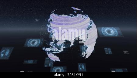 Showing centered pixel hologram globe rotating in virtual control room with UI panels nodes stars Stock Photo