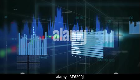 Glowing 3D panels floating in virtual dashboard showing blue chart stacked bars green red candles Stock Photo