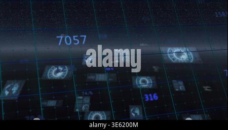 Displaying holographic data grid hovering in control interface, showing teal grid, panels, gauges Stock Photo