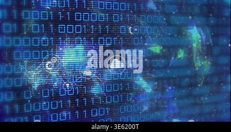 Displaying binary matrix pulsing in digital cyberspace, showing cloud icon, gear, polygonal head Stock Photo