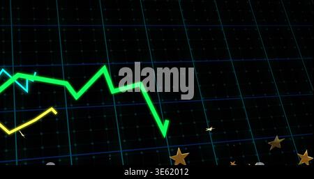Displaying neon green zigzag falling on dark blue grid, yellow cyan lines, gold stars, white icon Stock Photo