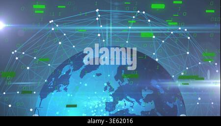 Displaying Earth globe occupying center in digital space, showing mesh dome, nodes, binary blocks Stock Photo