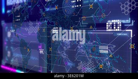 Projecting translucent global map display on control console, showing floating panels, links, nodes Stock Photo