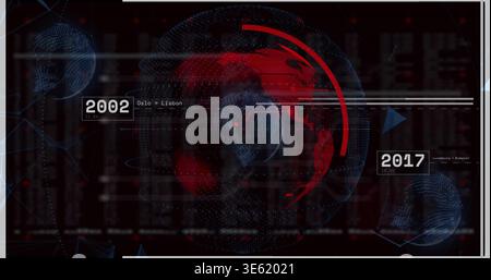 Rotating central wireframe globe projecting rings with 2002,2017 tags on HUD, showing Oslo-Lisbon Stock Photo
