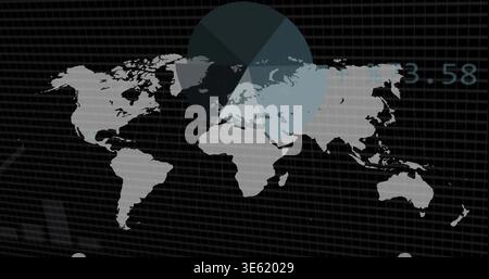 Displaying world map silhouette over dark grid on analytics dashboard, with pie overlay and 3 Stock Photo