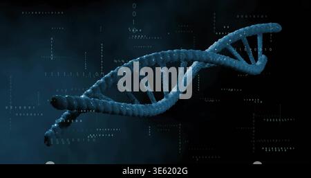 Displaying cyan-blue DNA helix rotating in virtual 3D scene, with binary overlay and rim lighting Stock Photo