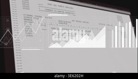 Showing monitor at desk displaying SQL output while overlaying line, area charts and row numbers Stock Photo
