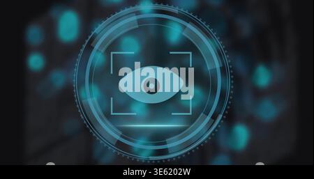 Scanning cyan-teal eye icon rotating within digital HUD, with rings, reticle, particles Stock Photo