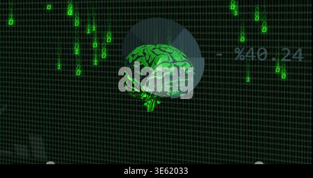 Displaying neon green 3D brain rotating within piechart overlay on HUD, showing %40 Stock Photo