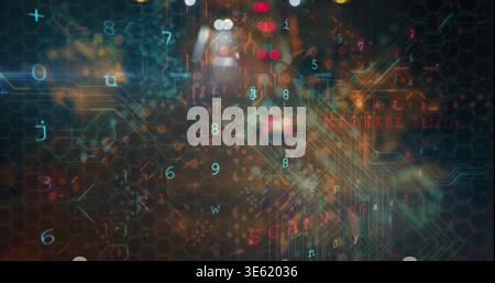 Displaying layered network visual in virtual UI showing hex grid, nodes, digits, SCANNING alert Stock Photo