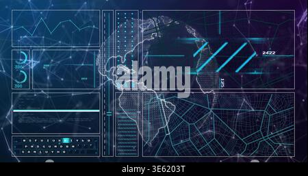 Displaying data dashboard on dark network background, showing Americas map, gauges and wireframe Stock Photo