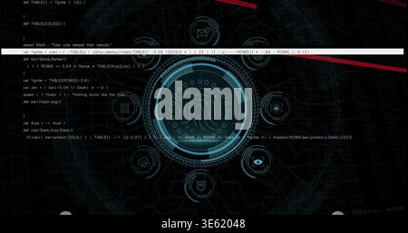 Displaying central fingerprint HUD scanning on digital console, with UI icons and code Stock Photo