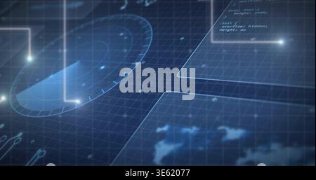 Displaying futuristic HUD showing radar dial, overlay panels, grid, glowing nodes on dashboard Stock Photo