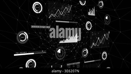 Displaying central dashboard cluster floating in HUD wireframe, showing area chart and gauges Stock Photo