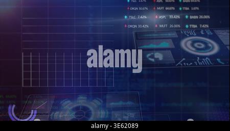 Displaying translucent grid panel on left, showing floating HUD panels, radial chart, map, tickers Stock Photo