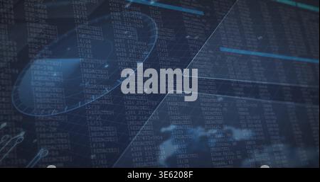 Displaying blue HUD overlay streaming on monitor, showing REDACTED columns and circular diagram Stock Photo