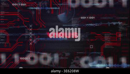 Displaying red VIRUS label glitching on cyber UI with circuit traces, code, binary and markers Stock Photo