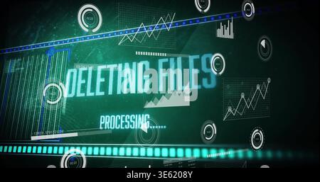 Displaying teal HUD showing DELETING FILES, PROCESSING label on screen, with progress bar and dials Stock Photo