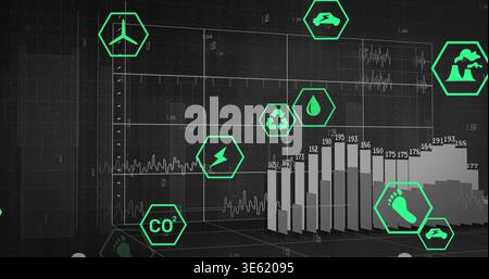 Displaying 3D bar chart rising on dashboard with numeric labels, waveform traces, green icons Stock Photo