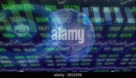 Displaying translucent 3D globe overlaying HUD on trading screen, showing tickers 38 Stock Photo