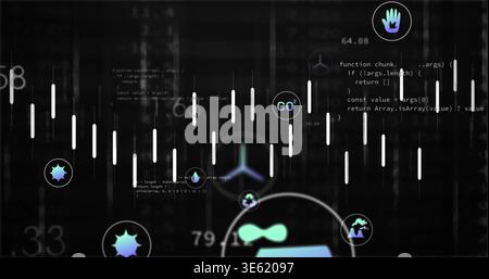 Displaying band of vertical white bars pulsing across dark HUD, with CO2 and recycling icons Stock Photo