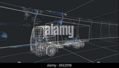 Rendering wireframe semi-truck and box trailer in virtual grid tunnel, showing cab, axles, blue HUD Stock Photo