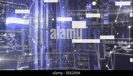 Projecting holographic UI overlaying central server rack and cables at data center, showing nodes Stock Photo