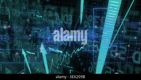 Displaying central glowing convergence point with jagged line charts and upward arrows in 3D grid Stock Photo