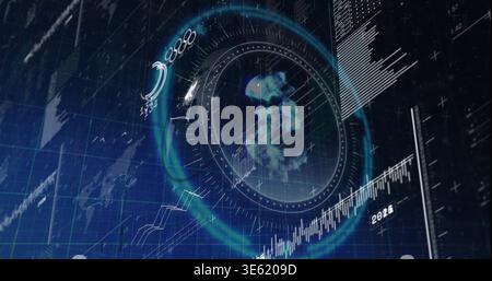 Displaying holographic HUD on virtual dashboard, showing transparent globe, cyan ring, charts Stock Photo