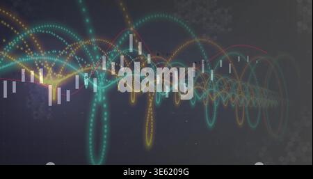 Displaying digital chart moving on dark gradient screen, with candlesticks, dotted waves, red trend Stock Photo