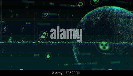 Displaying pixelated globe on right dashboard, streaming waveform and floating icons, copy space Stock Photo