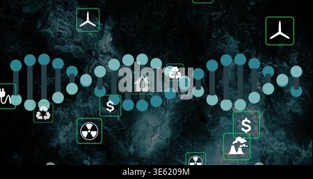 Displaying stylized helix waveform spanning center on marbled digital dashboard, with green icons Stock Photo