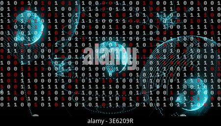 Streaming white or red binary digits and teal dotted globes moving on black backdrop, with links Stock Photo