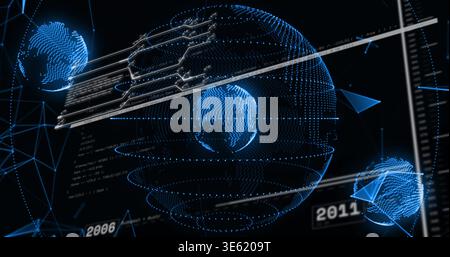 Rotating centered holographic globe projecting concentric rings in virtual HUD, with smaller globes Stock Photo