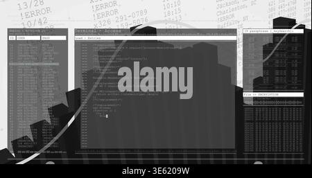 Displaying central terminal showing code and blinking cursor at desktop, with login panel Stock Photo